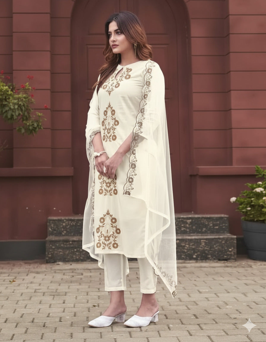Rayon Slub Embroidered Kurta Pant Dupatta Set – Ivory