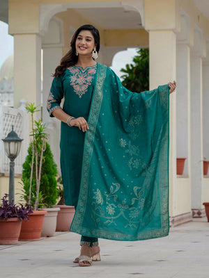 Premium Roman Silk Embroidered Straight Kurti Set – Rama Green