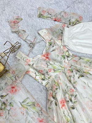 Organza Silk Printed Anarkali Set – Off White