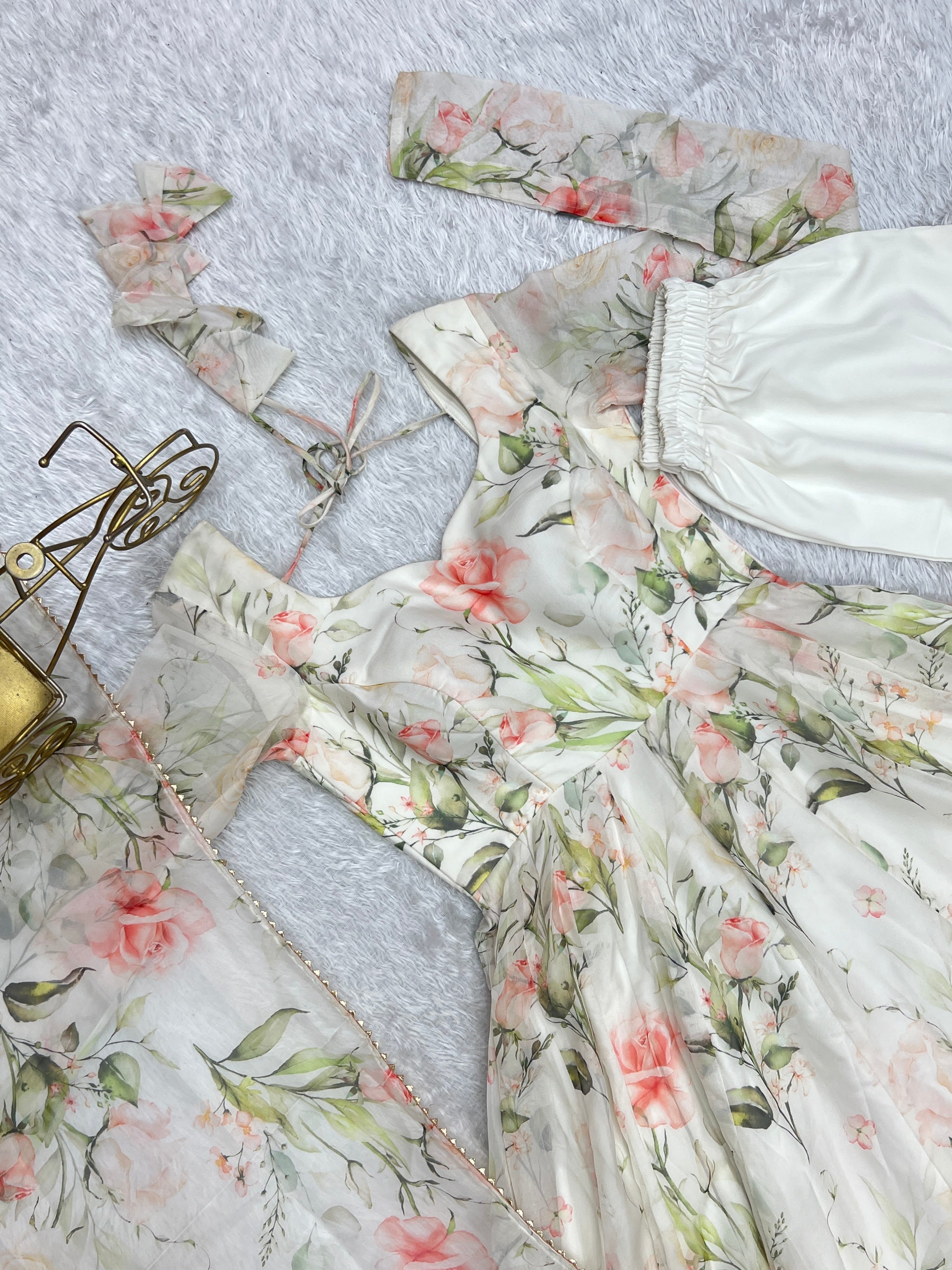 Organza Silk Printed Anarkali Set – Off White
