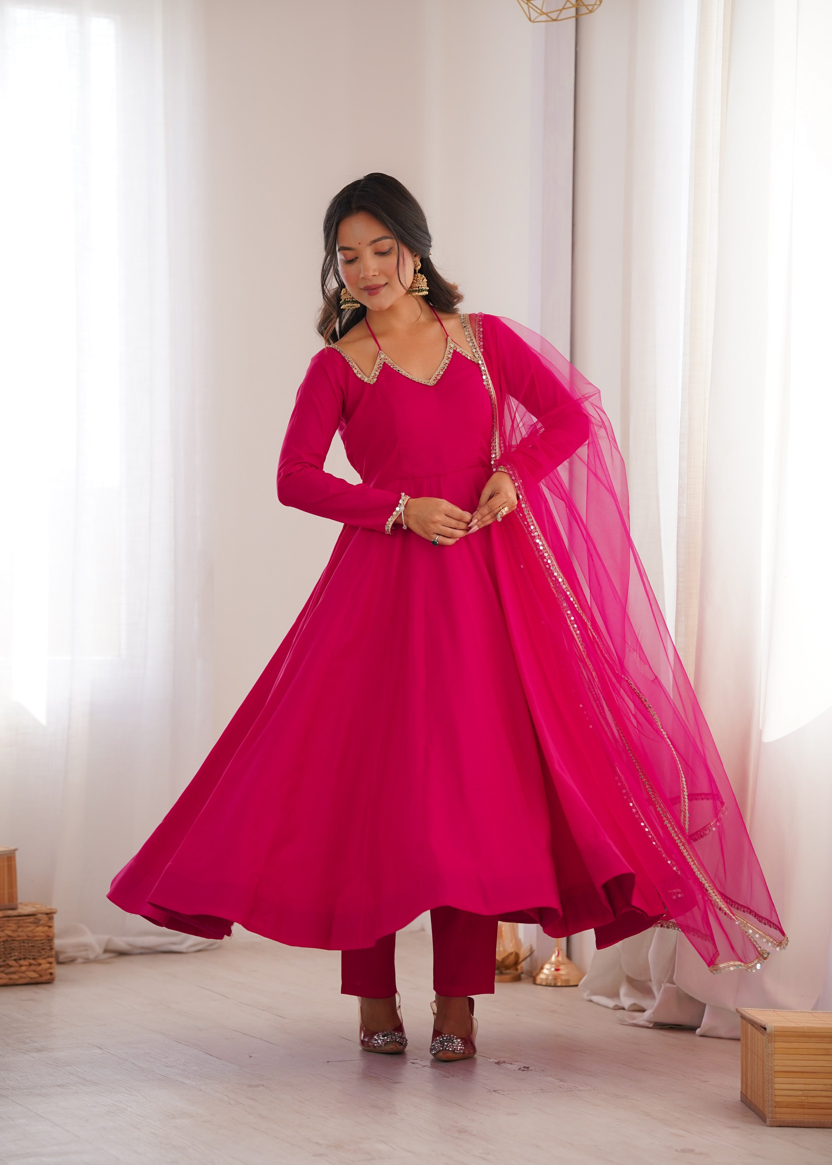 Roman Chanderi Silk Embroidered Anarkali Set – Dark Pink