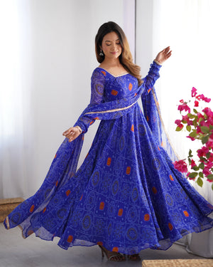 Soft Lightweight Chiffon Bandhej Fabric Inner Micro Cotton Embroidered Anarkali Set – Blue