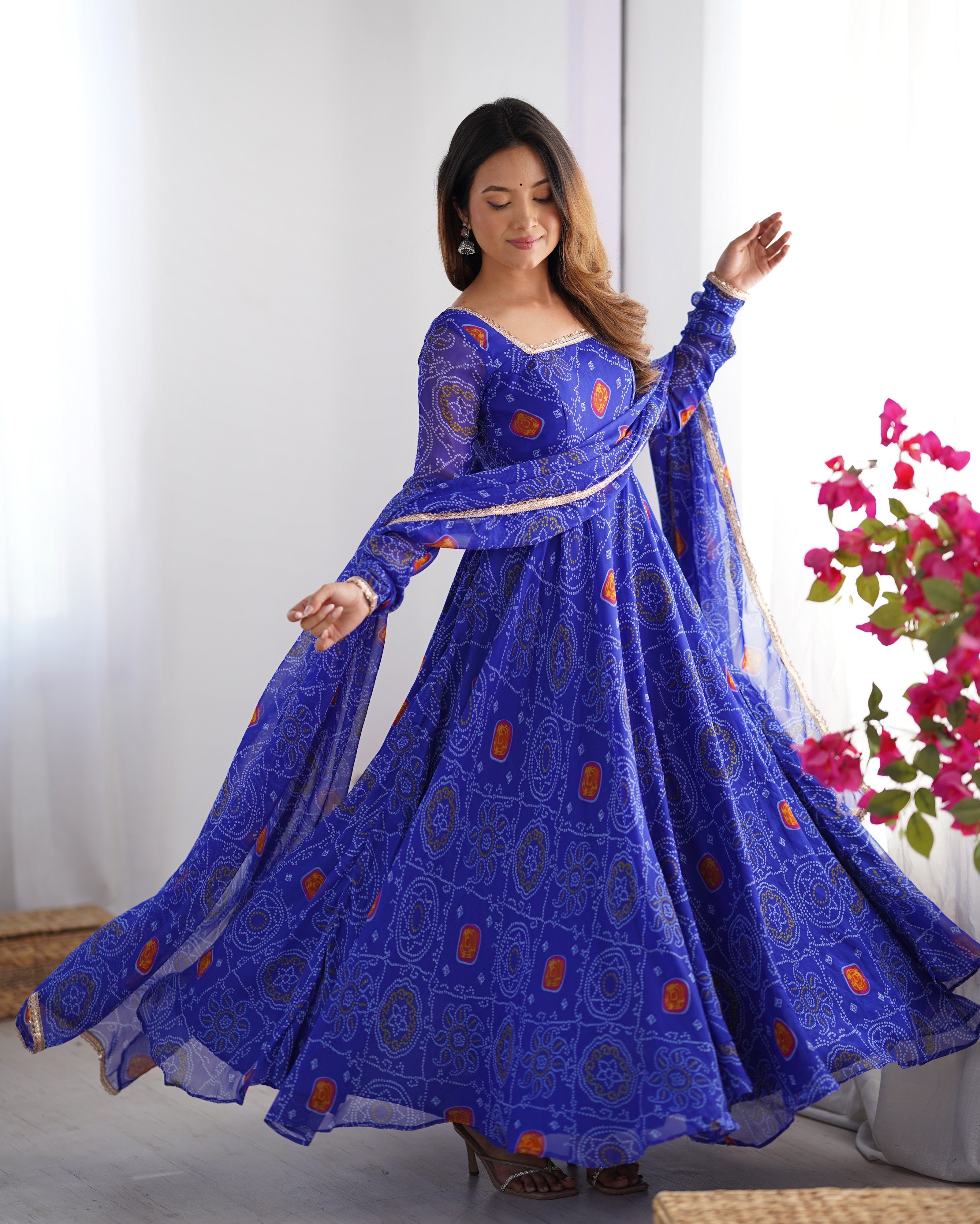 Soft Lightweight Chiffon Bandhej Fabric Inner Micro Cotton Embroidered Anarkali Set – Blue