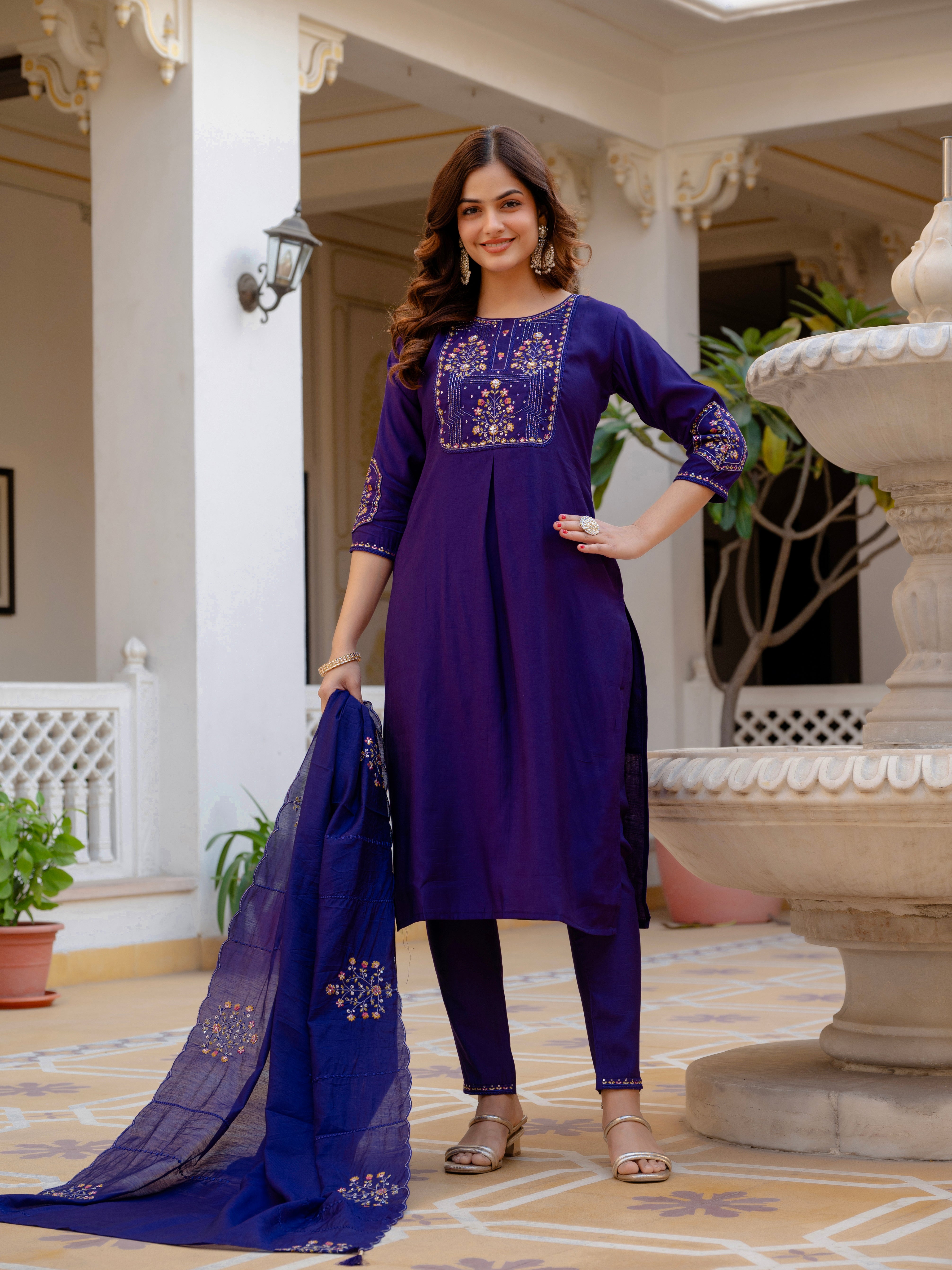 Pure Viscose Mango Silk Embroidered Straight Kurti Set – Violet