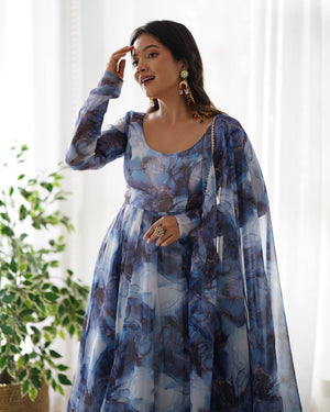 Organza Silk Printed Anarkali Set – Navy Blue