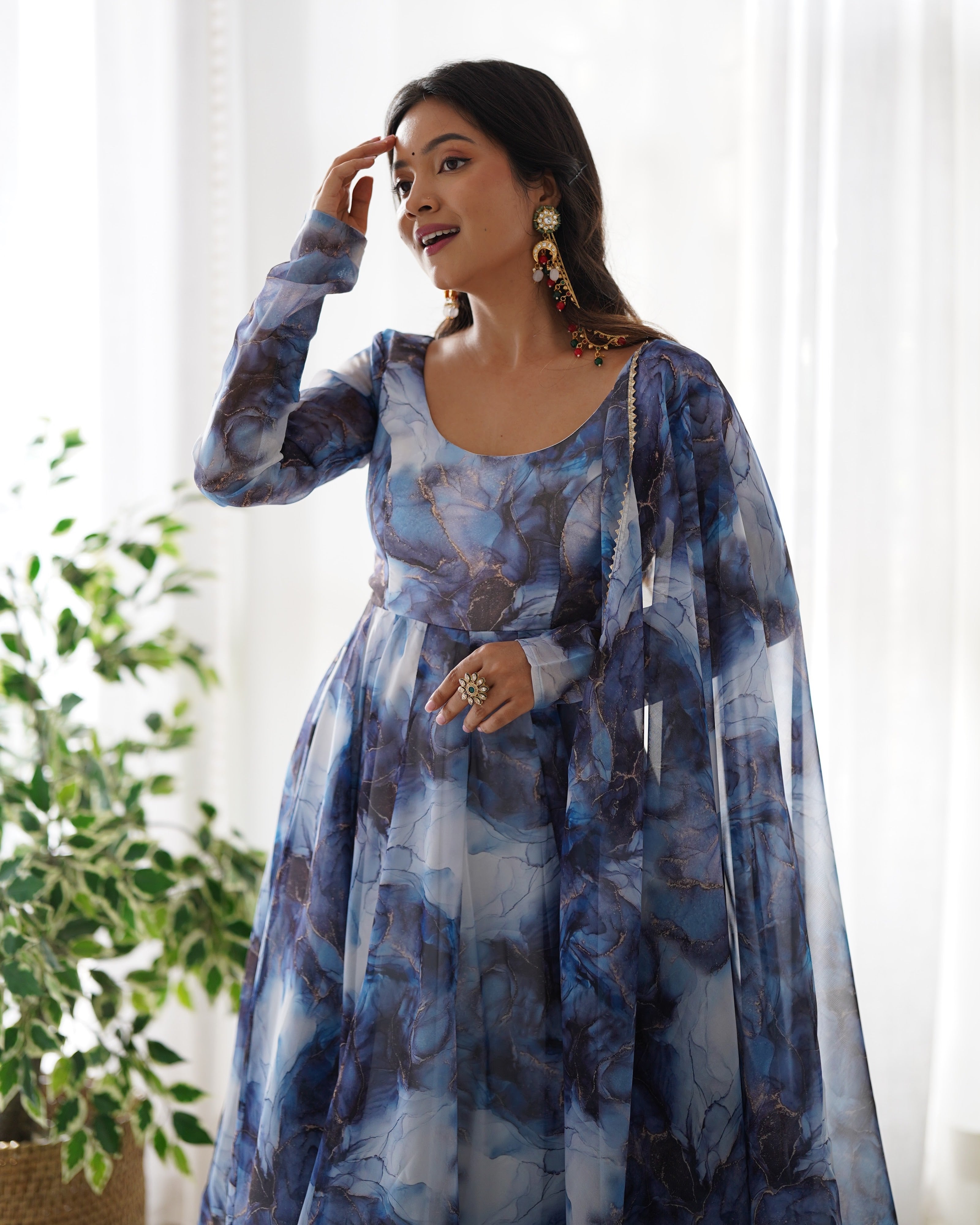 Organza Silk Printed Anarkali Set – Navy Blue