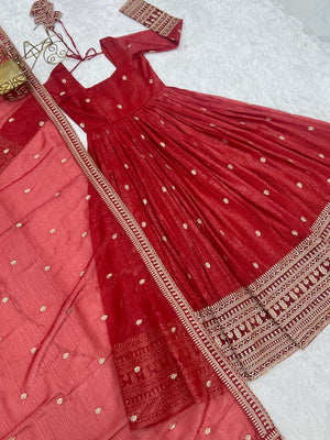 Crunchy Silk Embroidered Gown Set – Rust