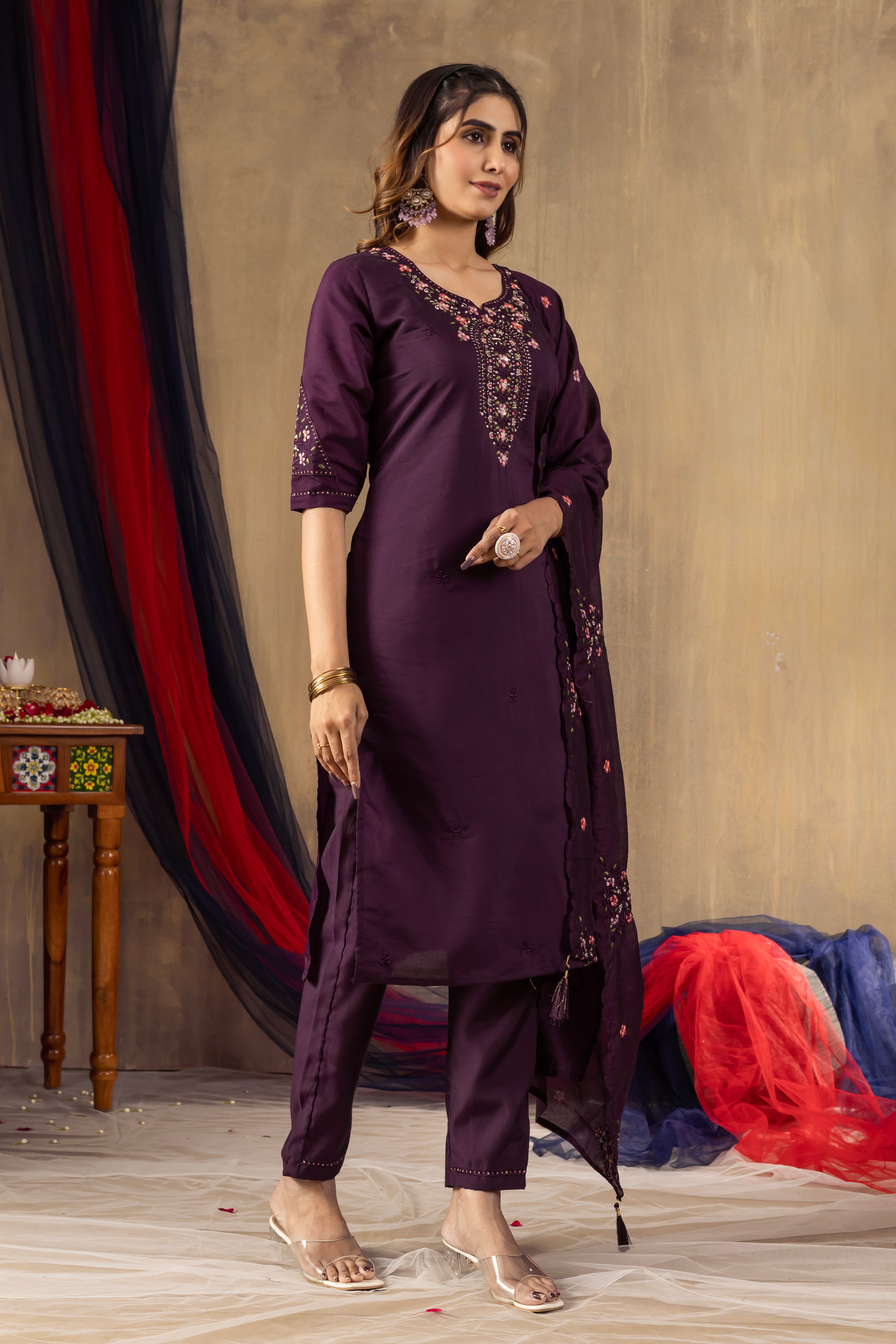 Roman Silk Embroidered Straight Kurti Set – Wine