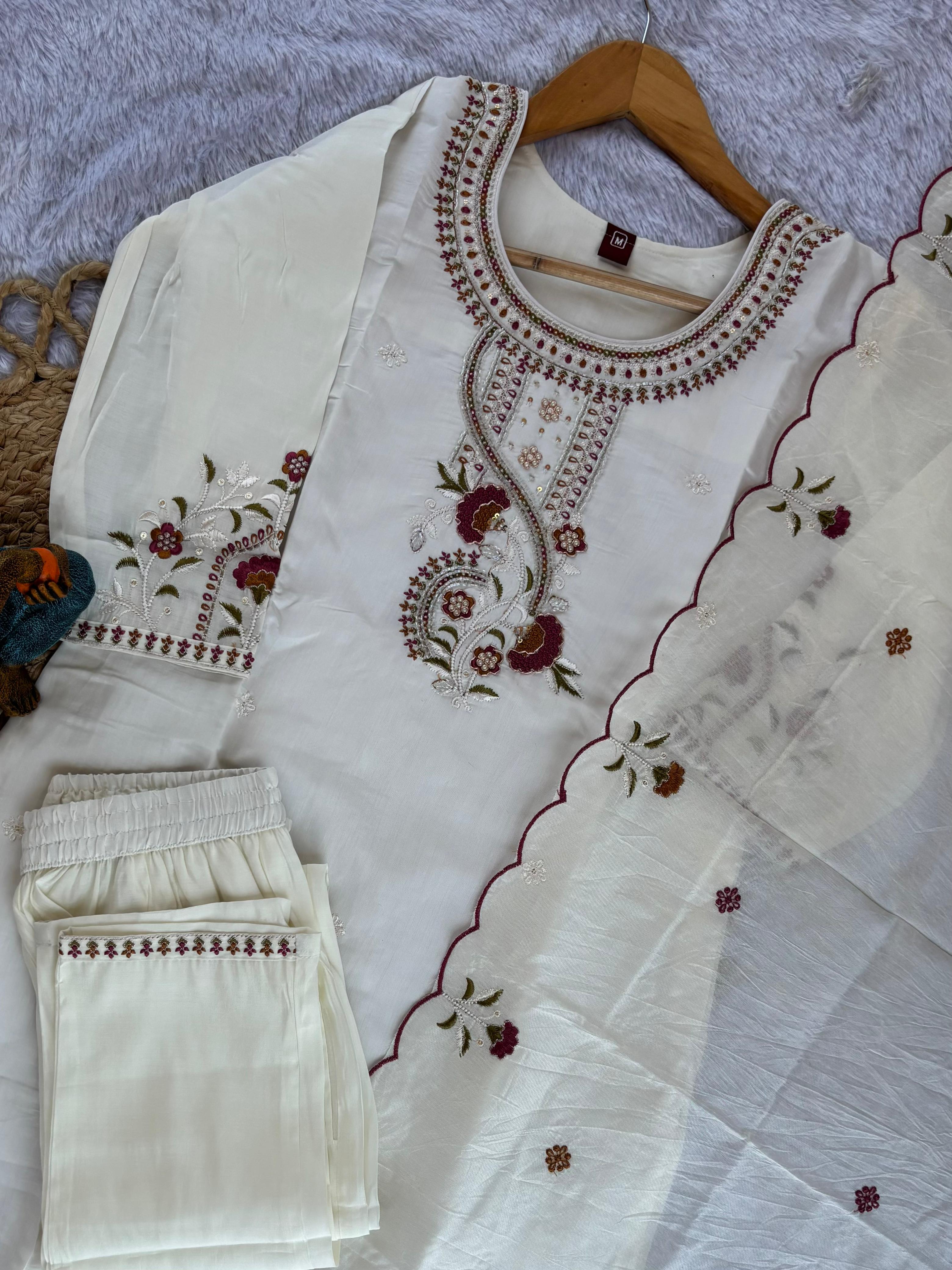 Roman Silk Embroidered Straight Kurti Set – White