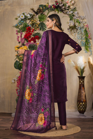 Roman Silk Embroidered Straight Kurti Set – Wine
