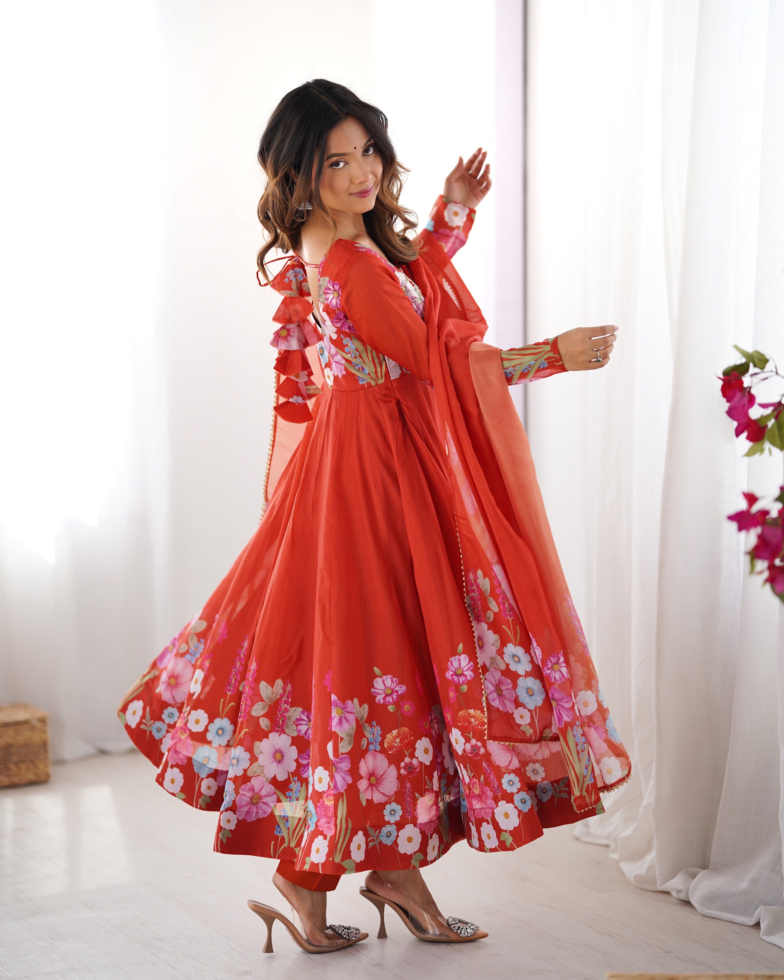 Organza Silk Printed Anarkali Set – Rust