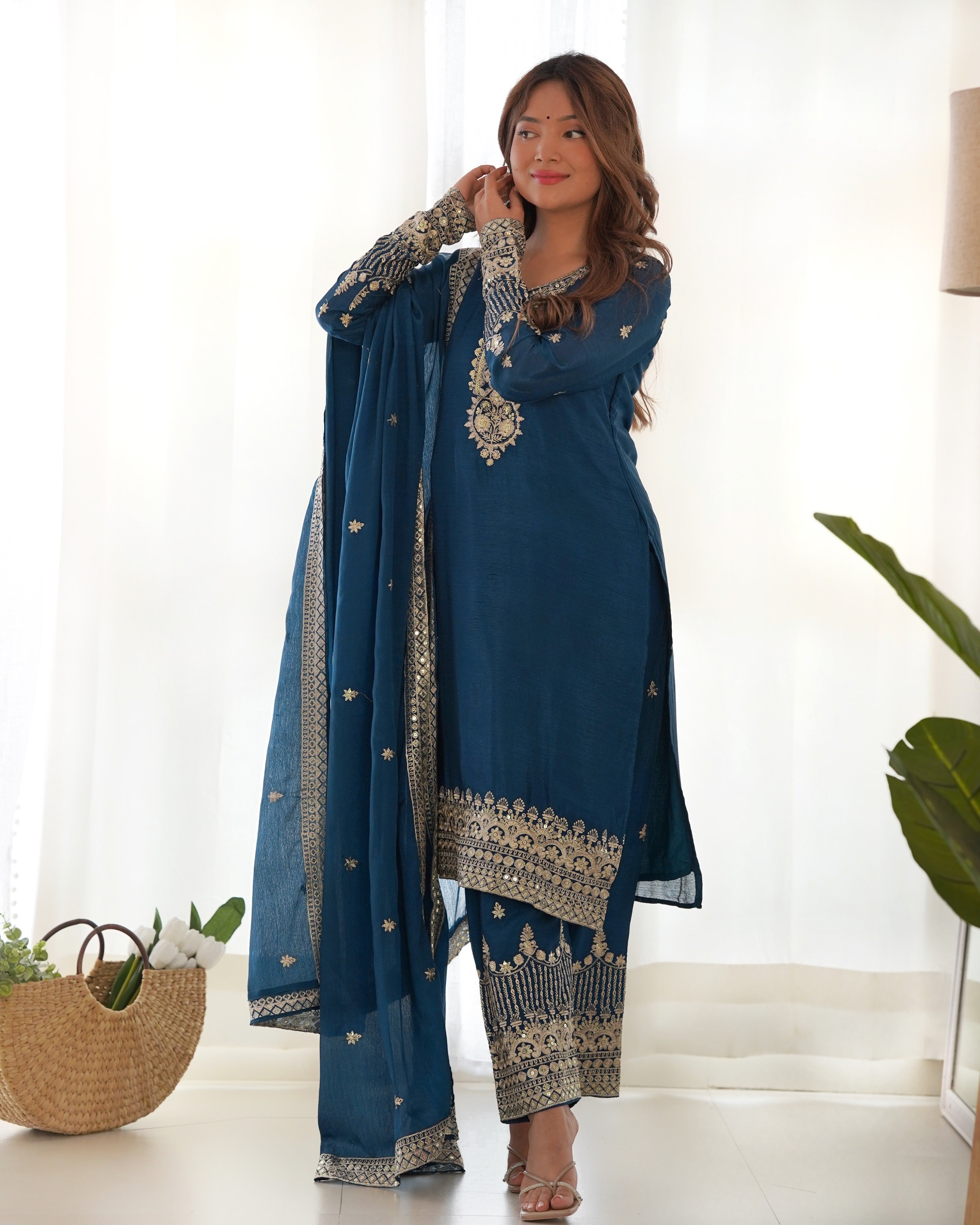 Chinon Silk Embroidered Straight Kurta Set – Navy Blue