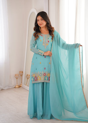 Crunchy Silk Embroidered Kurta-Sharara Set – Sky Blue