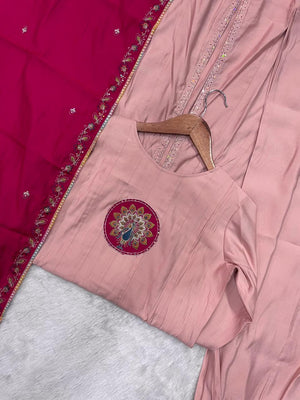 Roman Silk Embroidered Anarkali Kurti Set – Peach