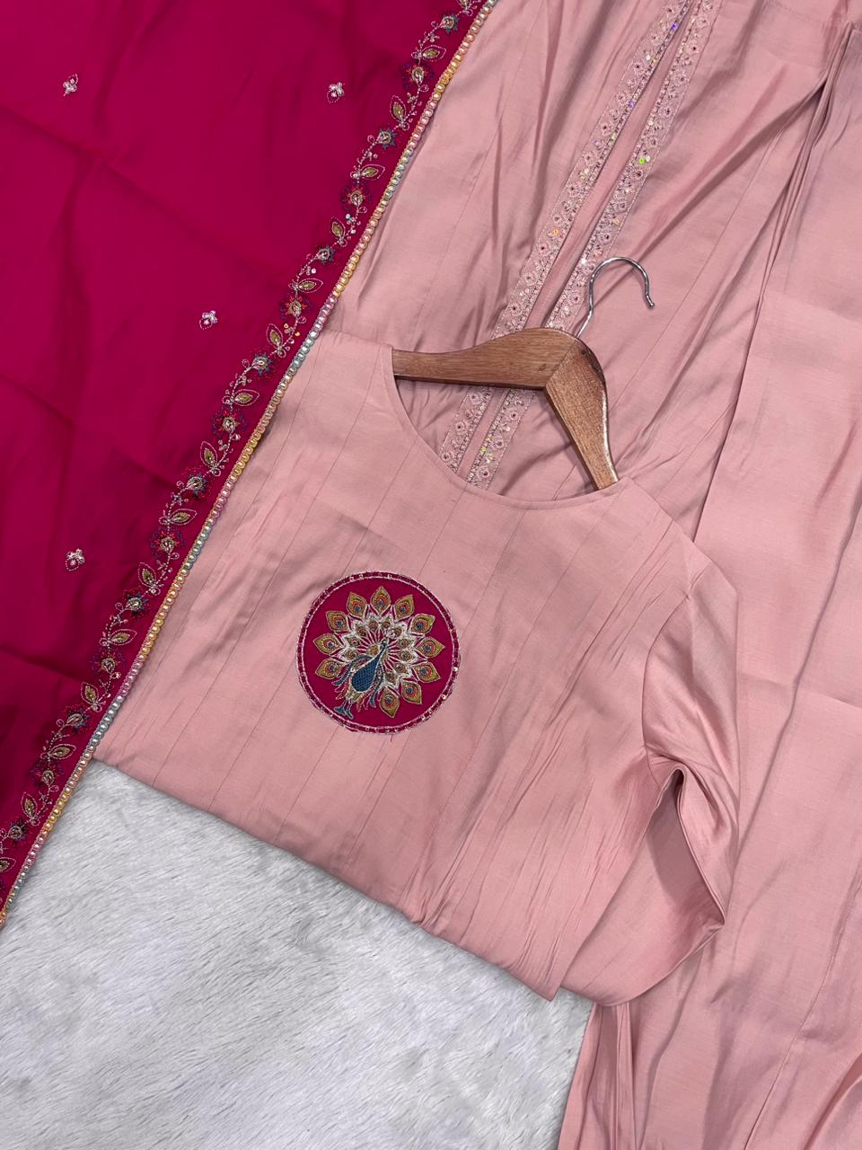 Roman Silk Embroidered Anarkali Kurti Set – Peach