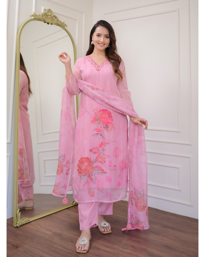 Organza Embroidered Kurta Pant Dupatta Set – Pink