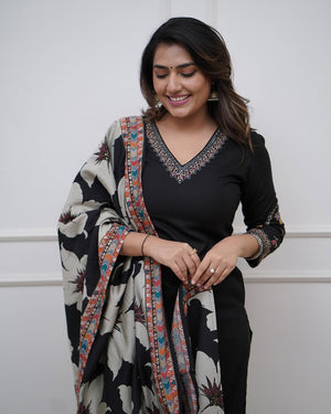 Viscose Silk Embroidered Kurta Pant Dupatta Set – Black