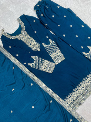 Chinon Silk Embroidered Straight Kurta Set – Navy Blue