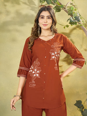 Pure Cotton Embroidered Co-Ords Set – Rust