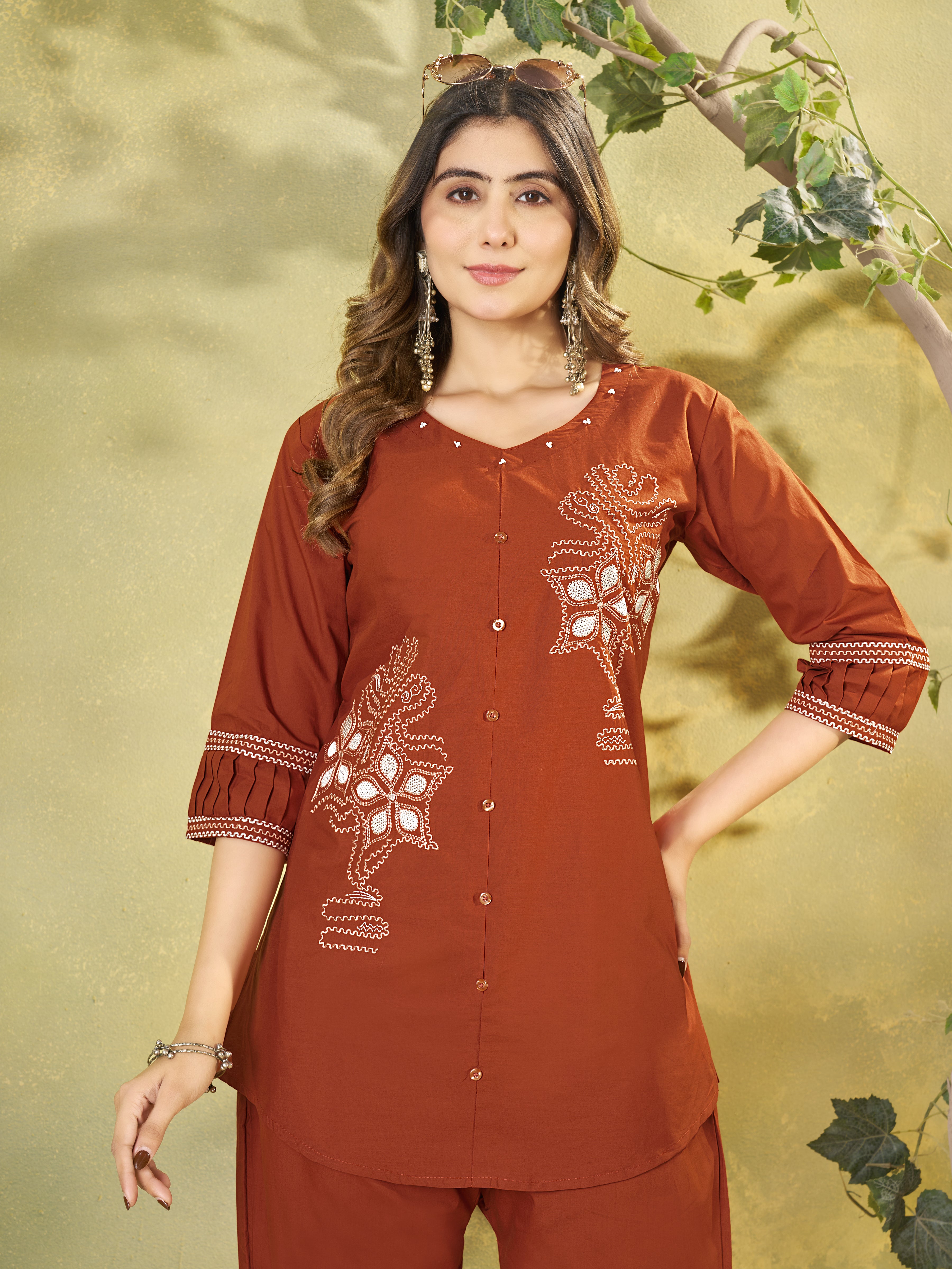 Pure Cotton Embroidered Co-Ords Set – Rust