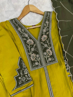 Roman Silk Embroidered Anarkali Kurti Set – Mustard