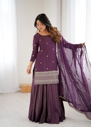 Roman Shimmer Silk Embroidered Top Set – Purple