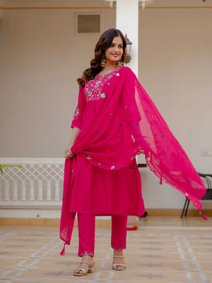 Pure Viscose Mango Silk Embroidered Straight Kurti Set – Pink