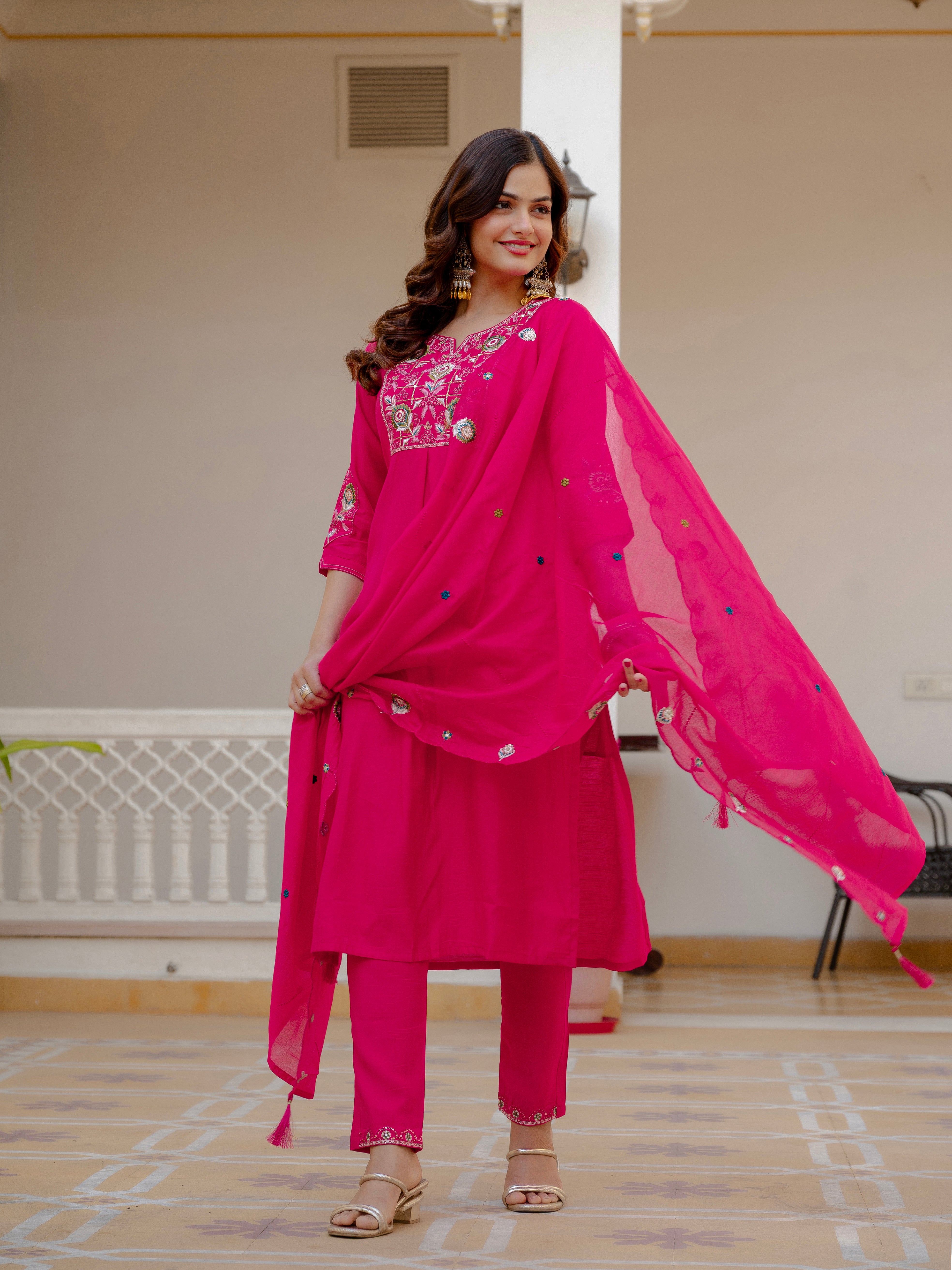 Pure Viscose Mango Silk Embroidered Straight Kurti Set – Pink