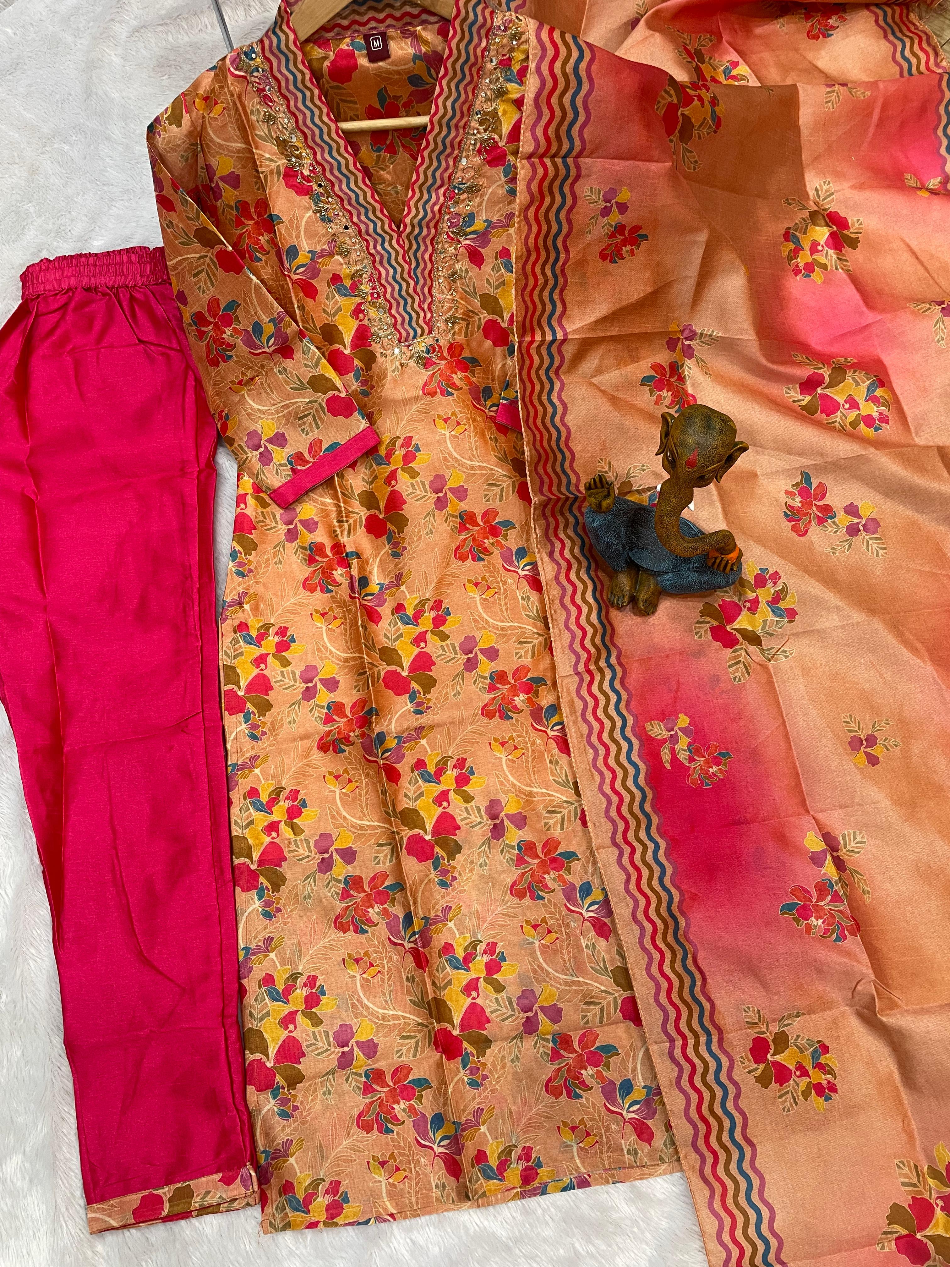 Zarna Silk Embroidered Straight Kurti Set – Peach Pink