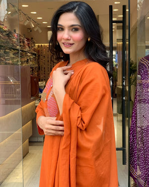 Rayon Slub Embroidered Kurta Pant Dupatta Set – Orange