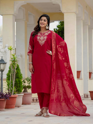 Premium Roman Silk Embroidered Straight Kurti Set – Maroon