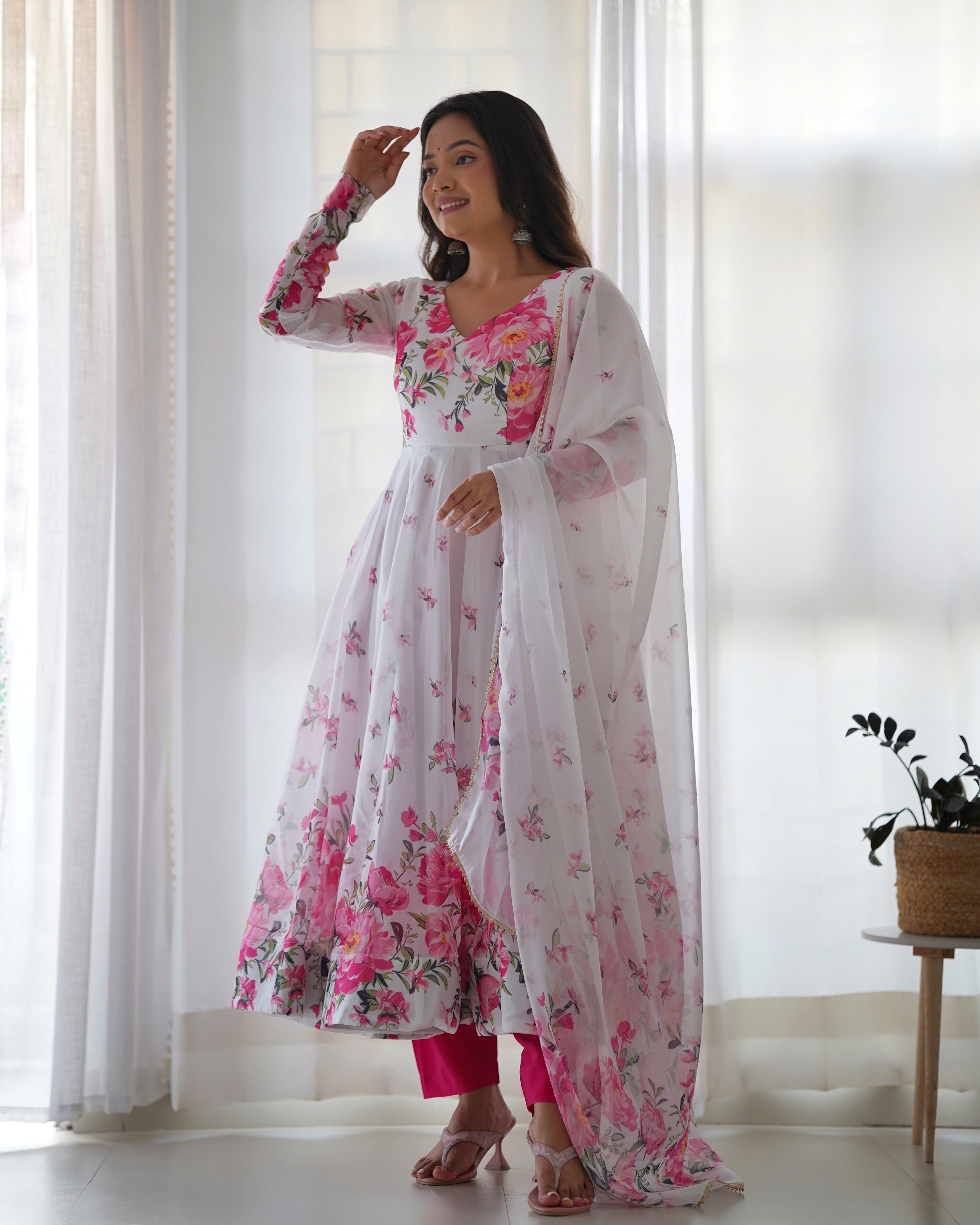 Organza Silk Printed Anarkali Set – Ivory Floral