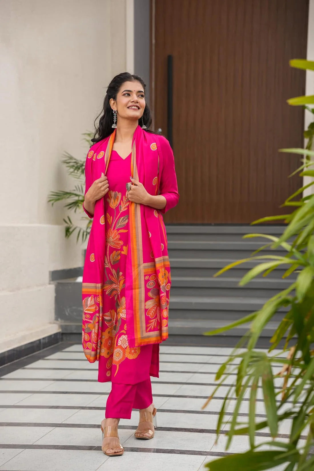 French Crepe Printed Kurta Pant Dupatta Set – Rani Pink