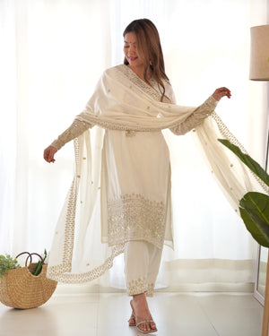 Chinon Silk Embroidered Straight Kurta Set – Ivory