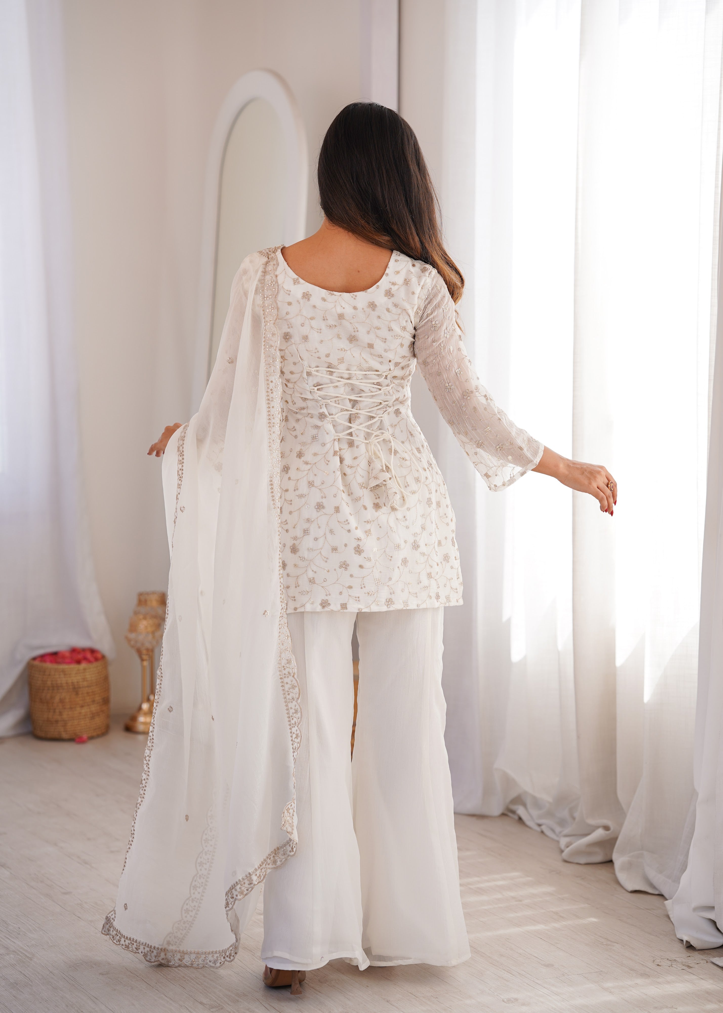 Crunchy Silk Embroidered Bell Bottom Set – Off White