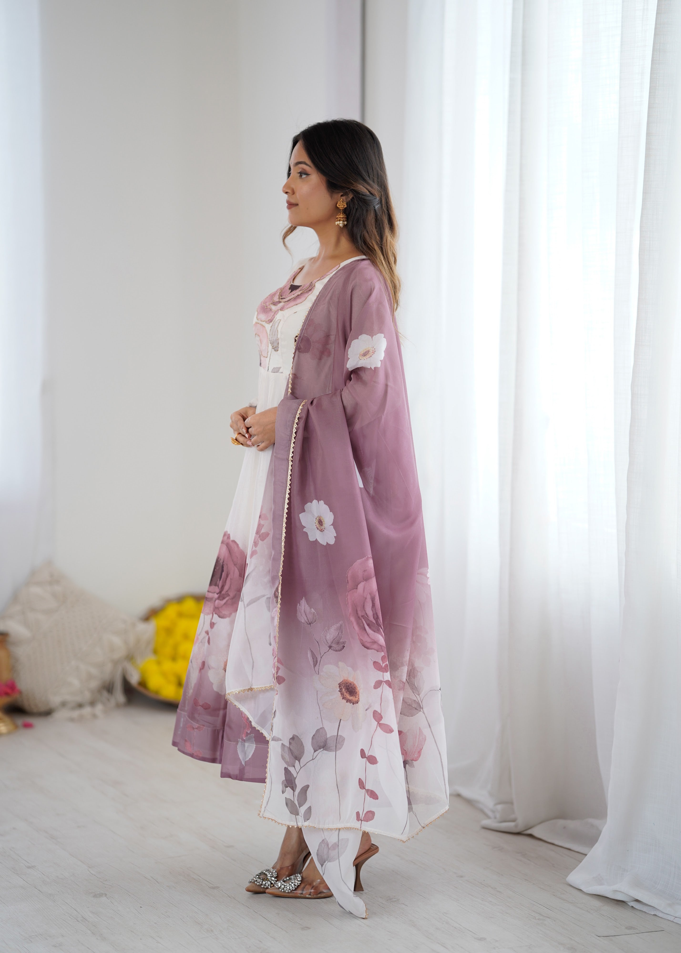 Organza Silk Printed Anarkali Set – Lilac Floral