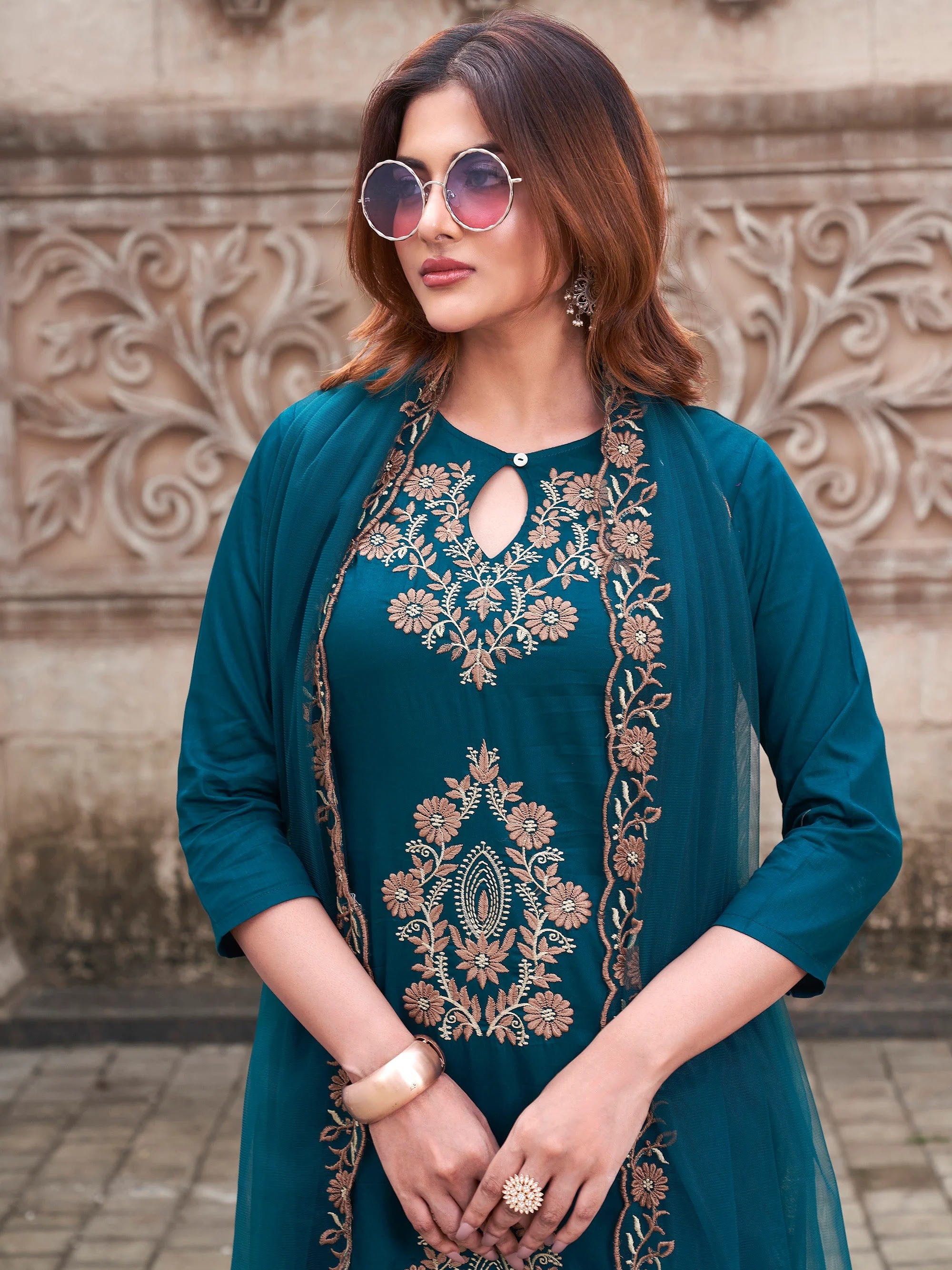 Rayon Slub Embroidered Kurta Pant Dupatta Set – Rama Green