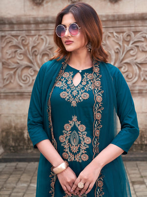 Rayon Slub Embroidered Kurta Pant Dupatta Set – Rama Green