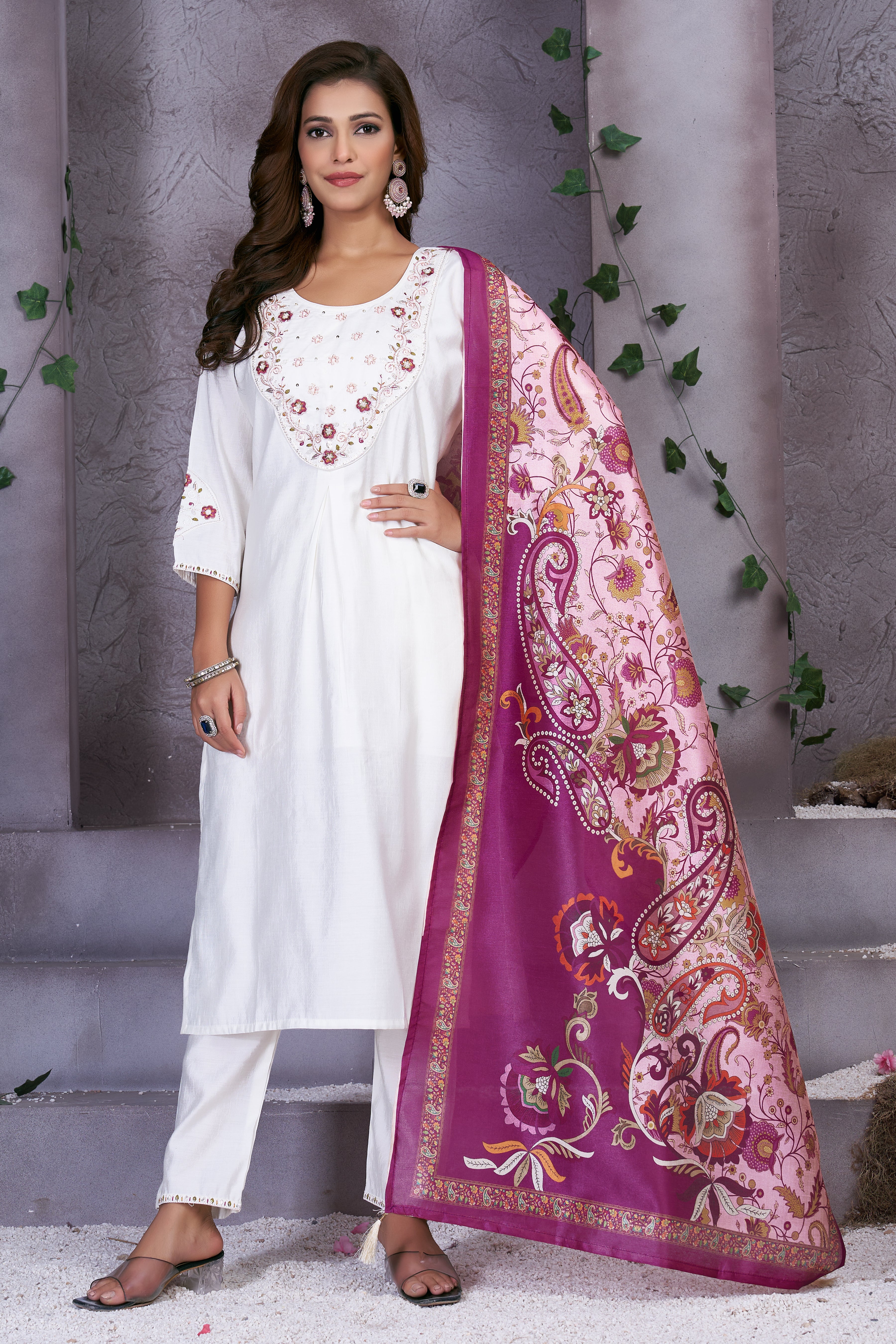 Premium Marina Silk Embroidered Straight Kurti Set – White