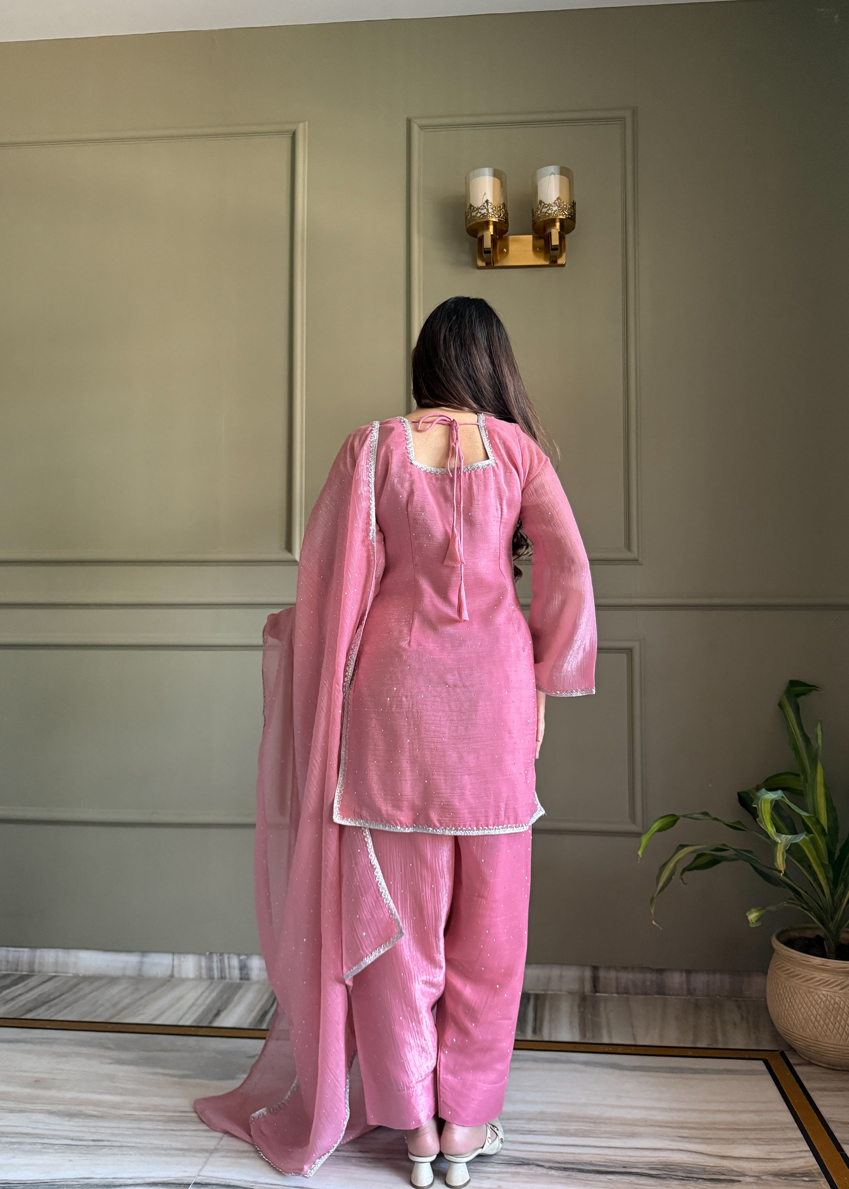 Crunchy Silk Embroidered Farshi Salwar Set – Pink