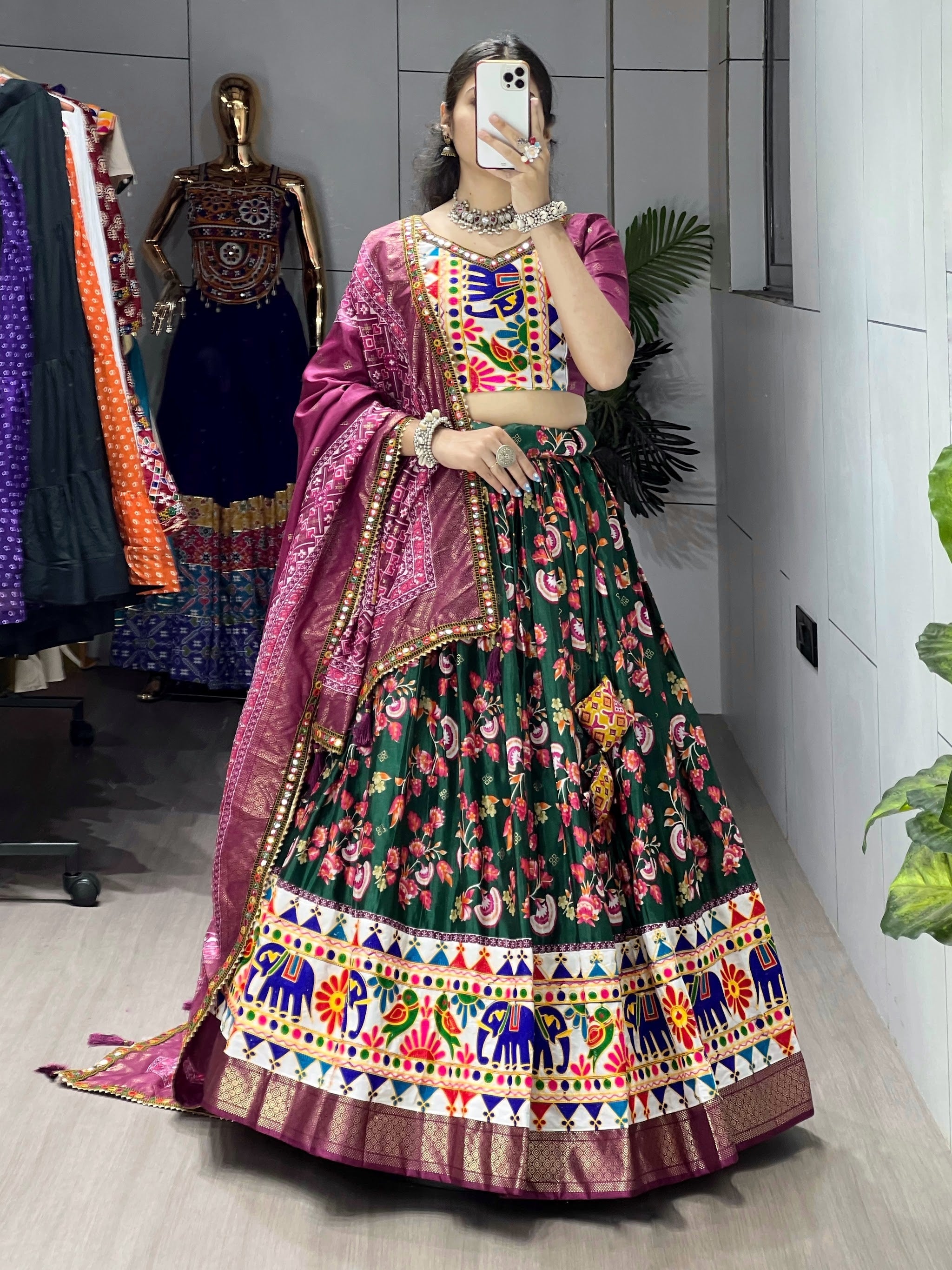 Navratri Green Floral Dola Lehenga Set - Blouse Unstitched