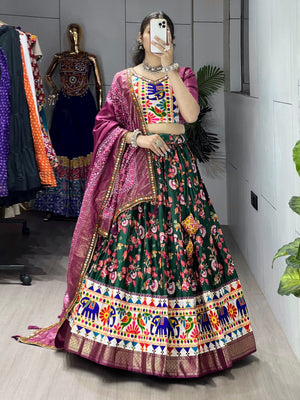 Navratri Green Floral Dola Lehenga Set - Blouse Unstitched