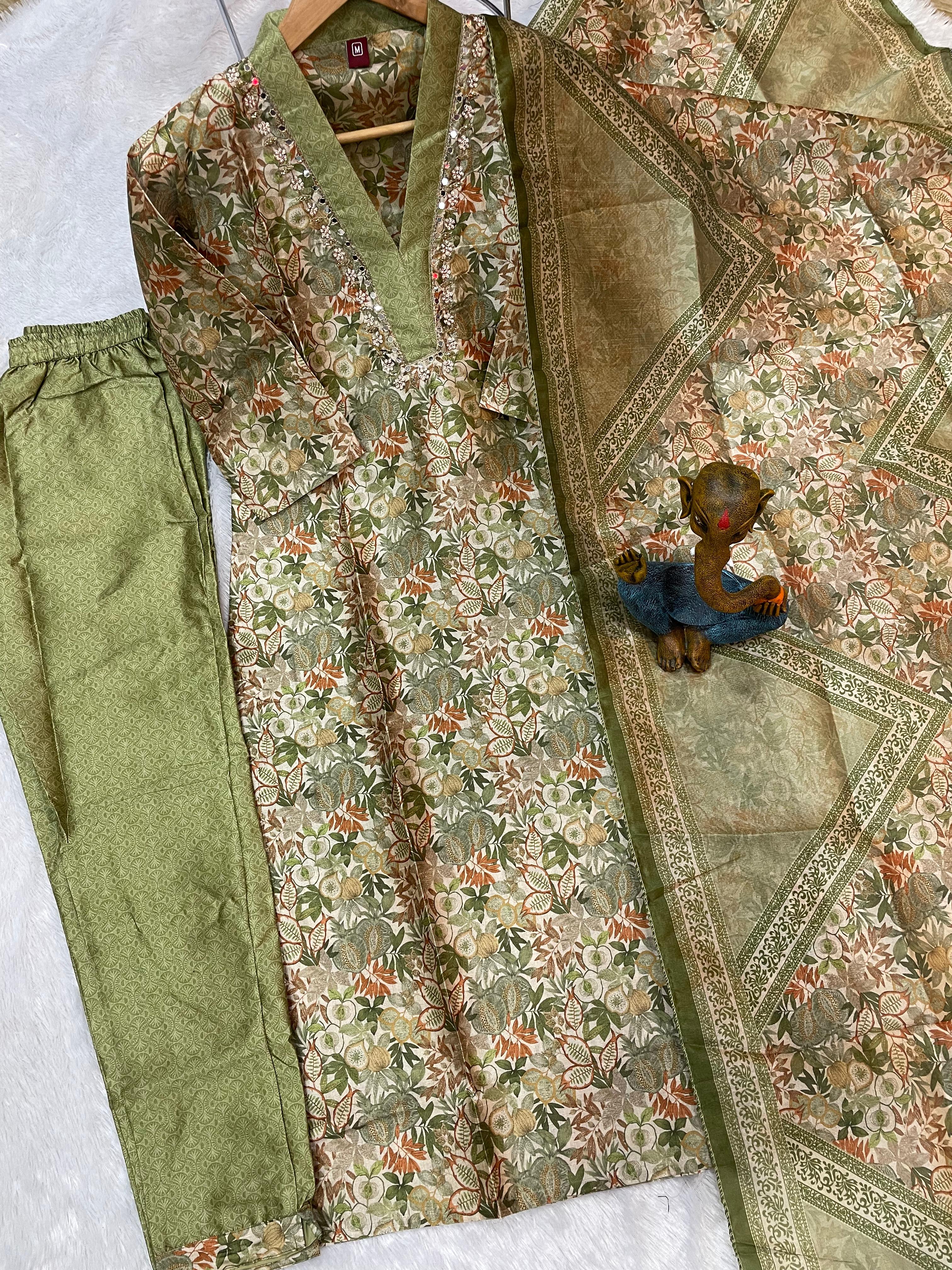 Zarna Silk Embroidered Straight Kurti Set – Sage Green