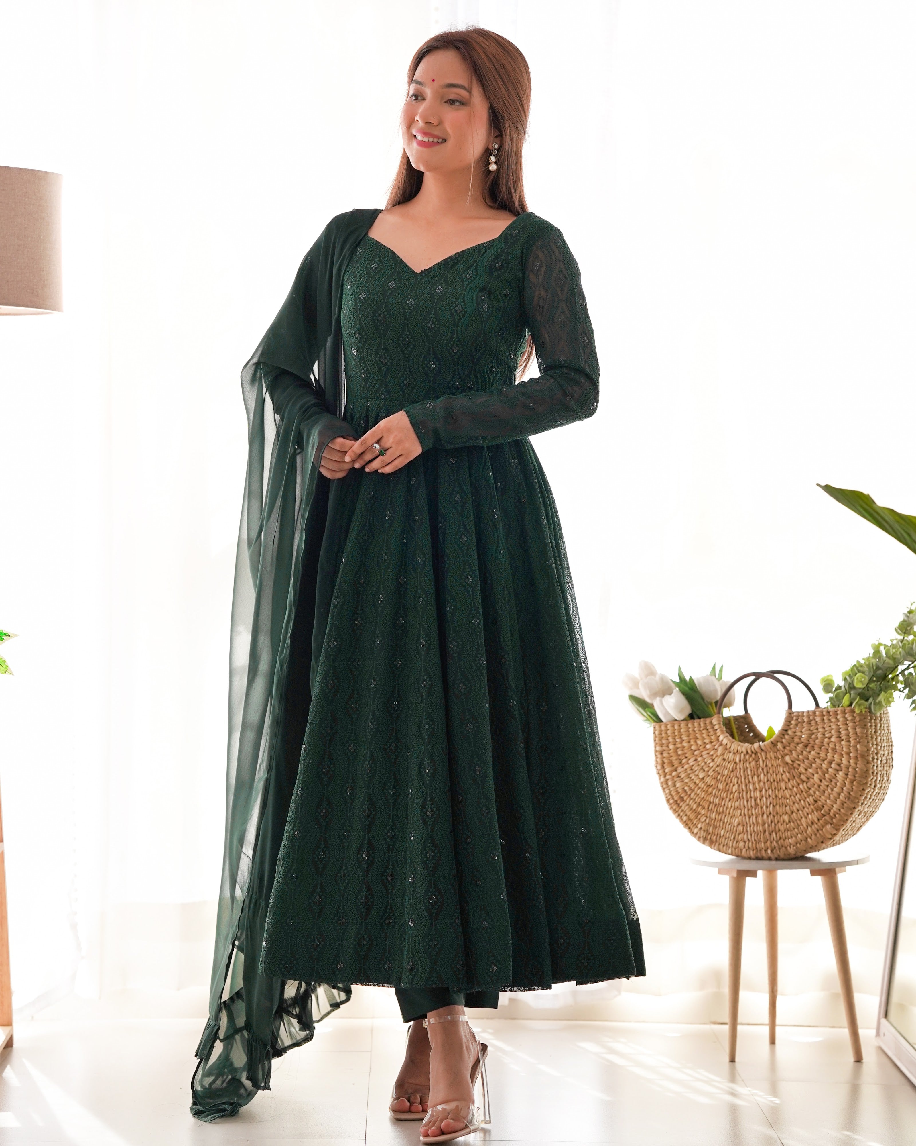 Georgette Embroidered Anarkali Set – Bottle Green