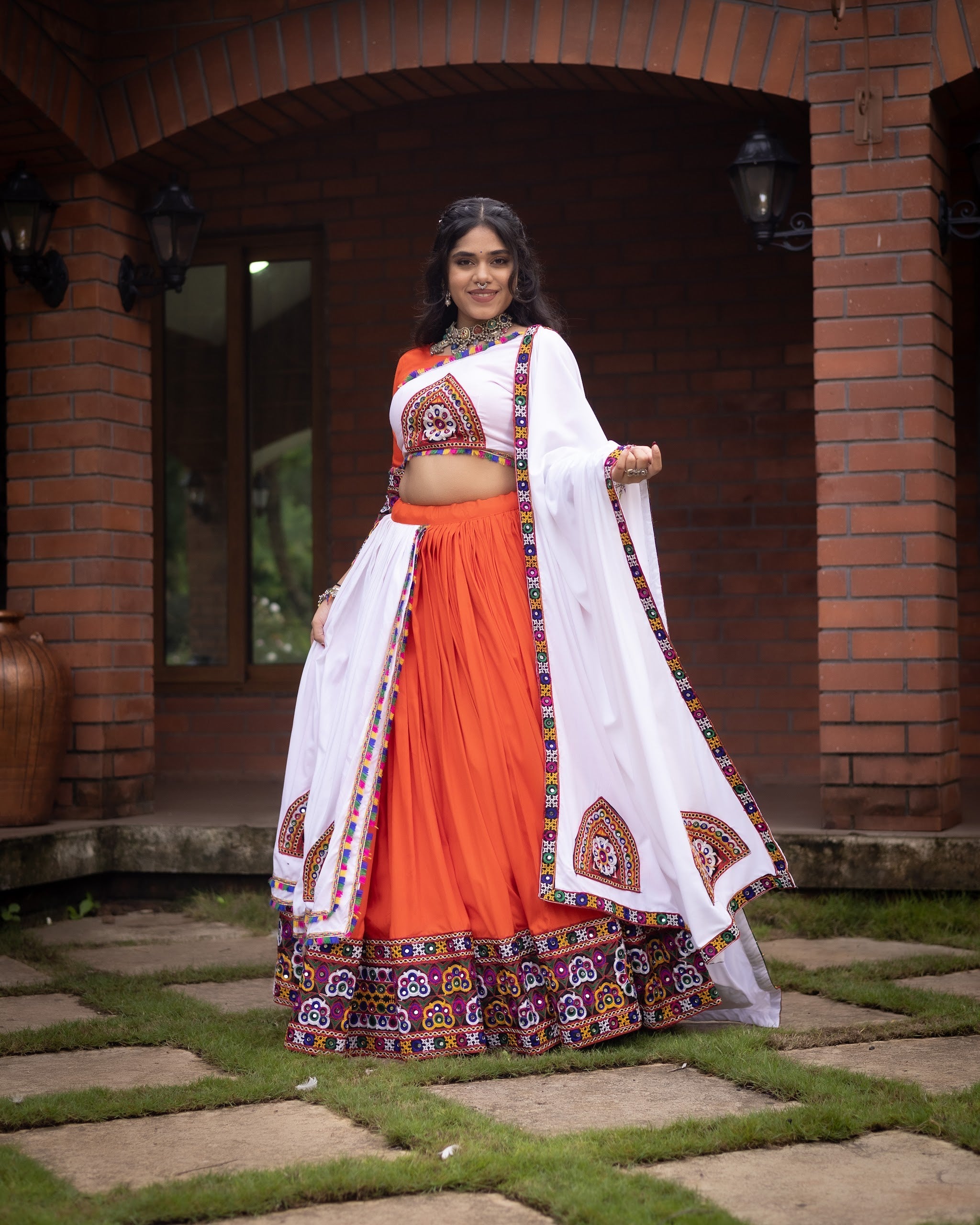 Navratri Orange White Arches Patch Work Lehenga Set