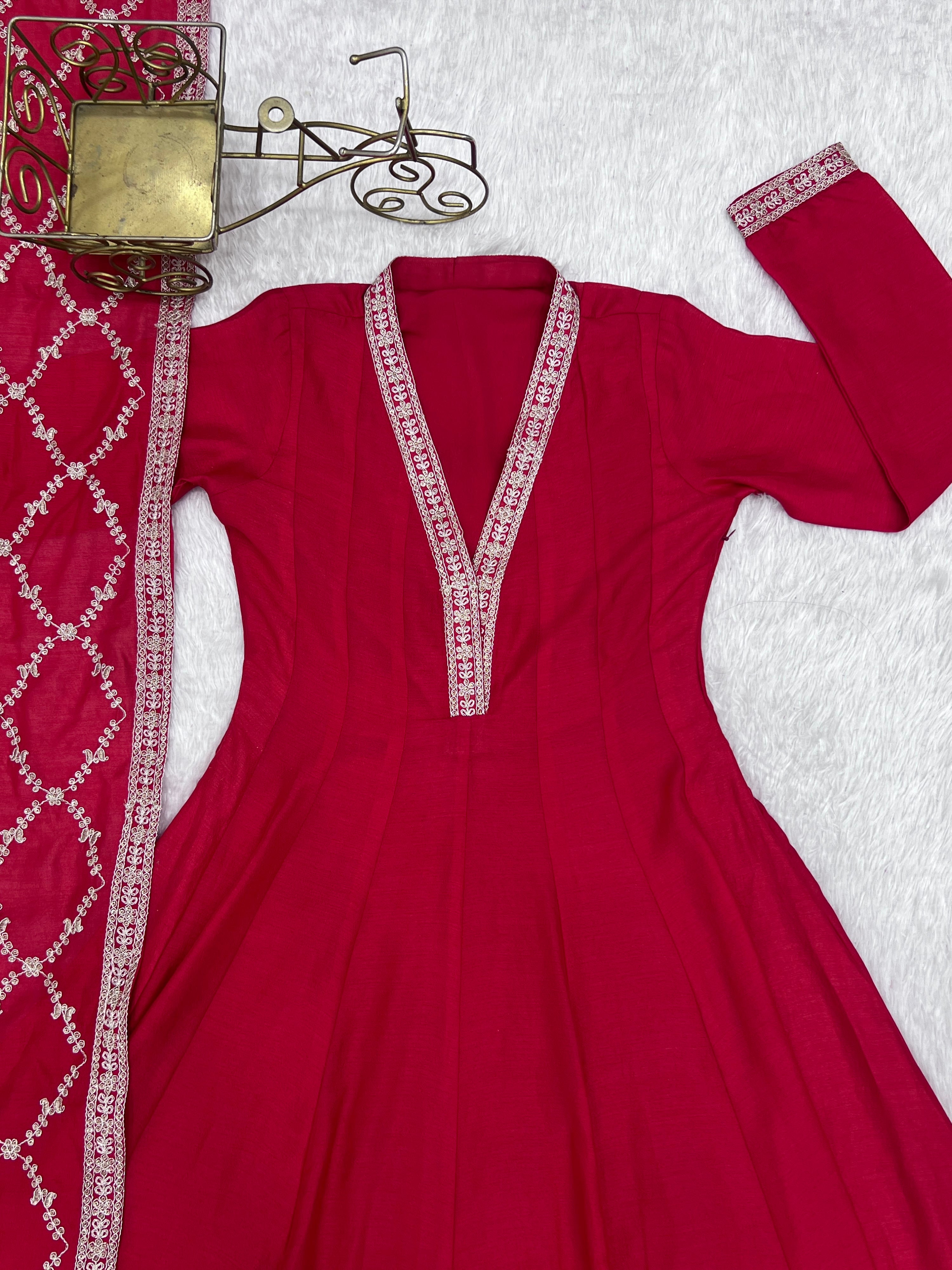Vichitra Silk Embroidered Gown Set – Red
