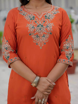 Premium Roman Silk Embroidered Straight Kurti Set – Orange