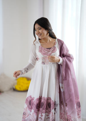 Organza Silk Printed Anarkali Set – Lilac Floral