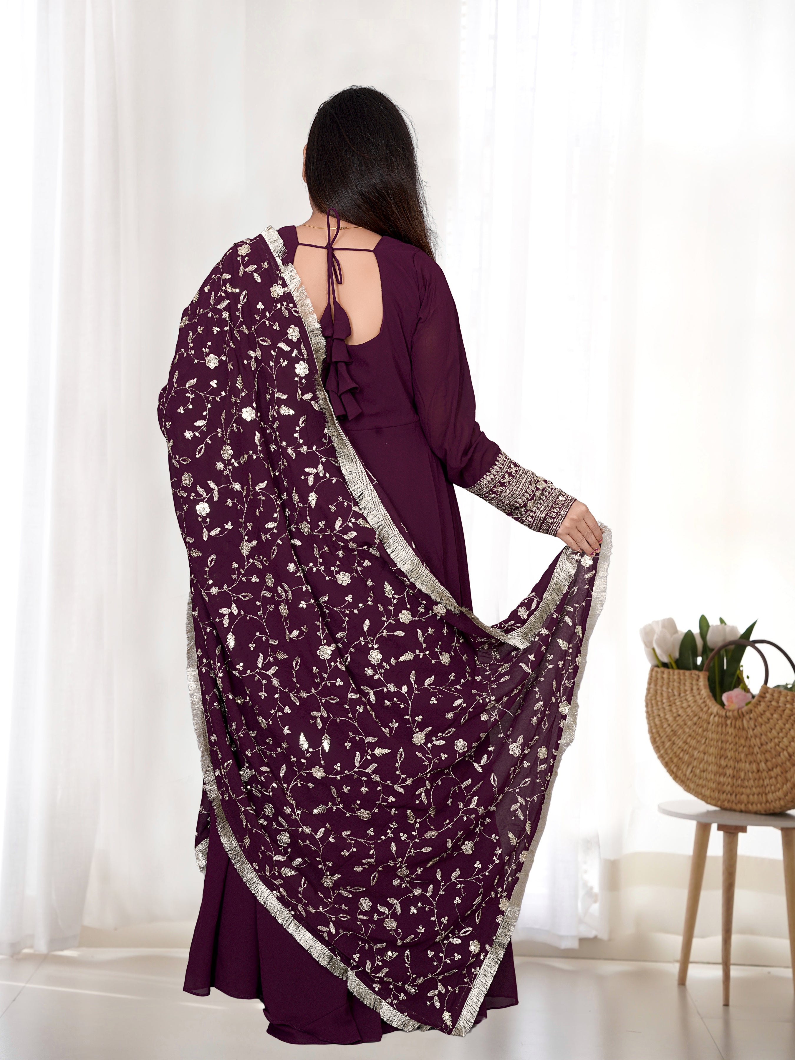 Georgette Embroidered Gown Set – Wine