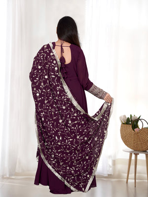 Georgette Embroidered Gown Set – Wine